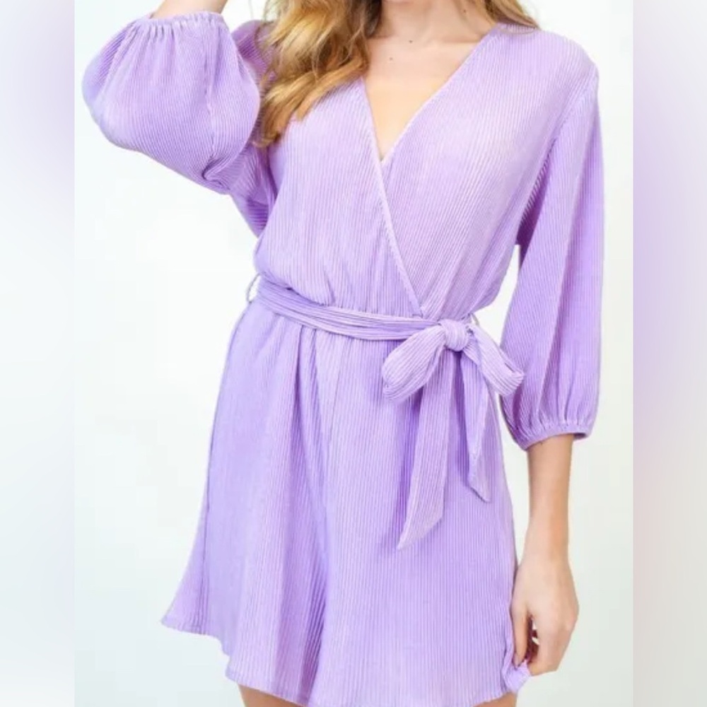 Purple wrap romper with tie waist